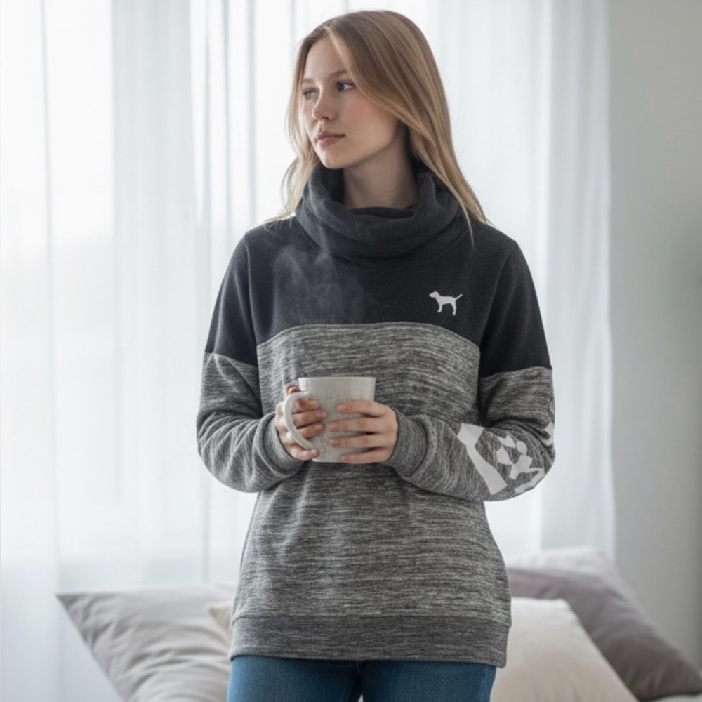 Victoria's Secret Pink Label Charcoal‎ cowl neck sweatshirt dog logo long sleeve